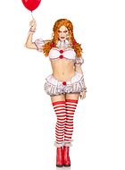 Creepy female clown from IT, top and shorts costume, ruffle trim, puff sleeves, pom pom